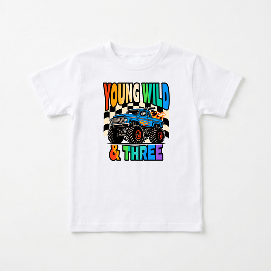 Young Wild & Three Toddler Shirt – Monster Truck 3rd Birthday Tee