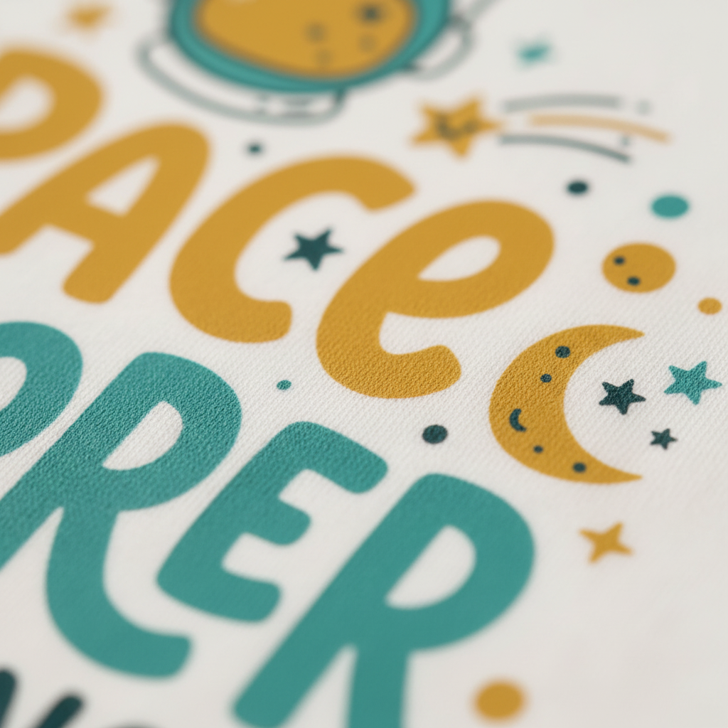 A close-up of a white fabric surface printed with playful space-themed lettering and graphics, including large mustard yellow and teal text, stars, dots, and a crescent moon.