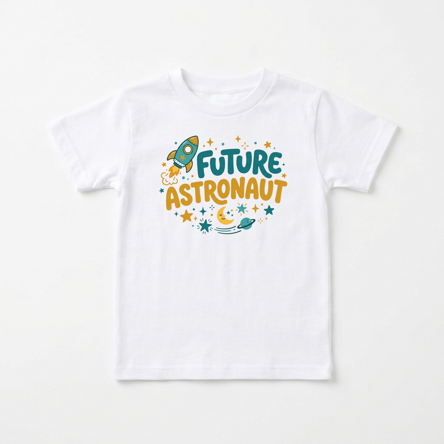 A white short-sleeve kids' t-shirt with a colorful graphic on the chest that reads 'FUTURE ASTRONAUT' in teal and orange lettering, surrounded by a rocket ship, stars, and a crescent moon, displayed on a clean white background.