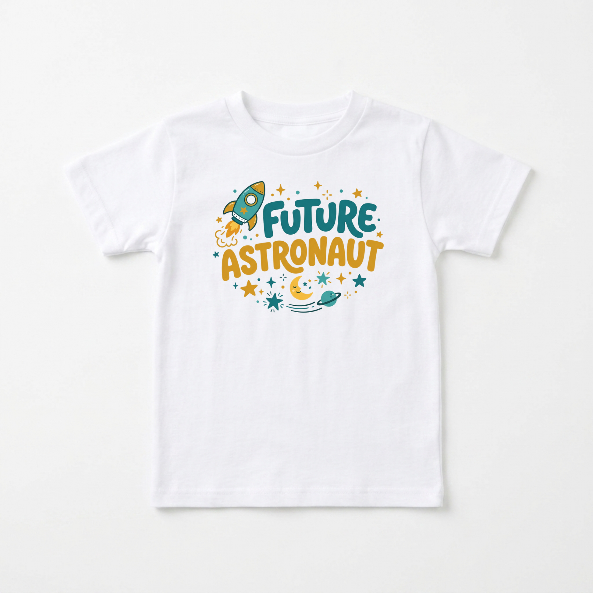 A white short-sleeve kids' t-shirt with a colorful graphic on the chest that reads 'FUTURE ASTRONAUT' in teal and orange lettering, surrounded by a rocket ship, stars, and a crescent moon, displayed on a clean white background.