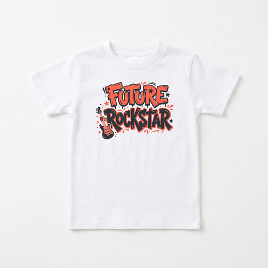 A white short-sleeve crewneck t-shirt for kids, featuring a colorful graphic on the chest that reads 'FUTURE ROCKSTAR' in a graffiti-style red and black font with a small guitar illustration.