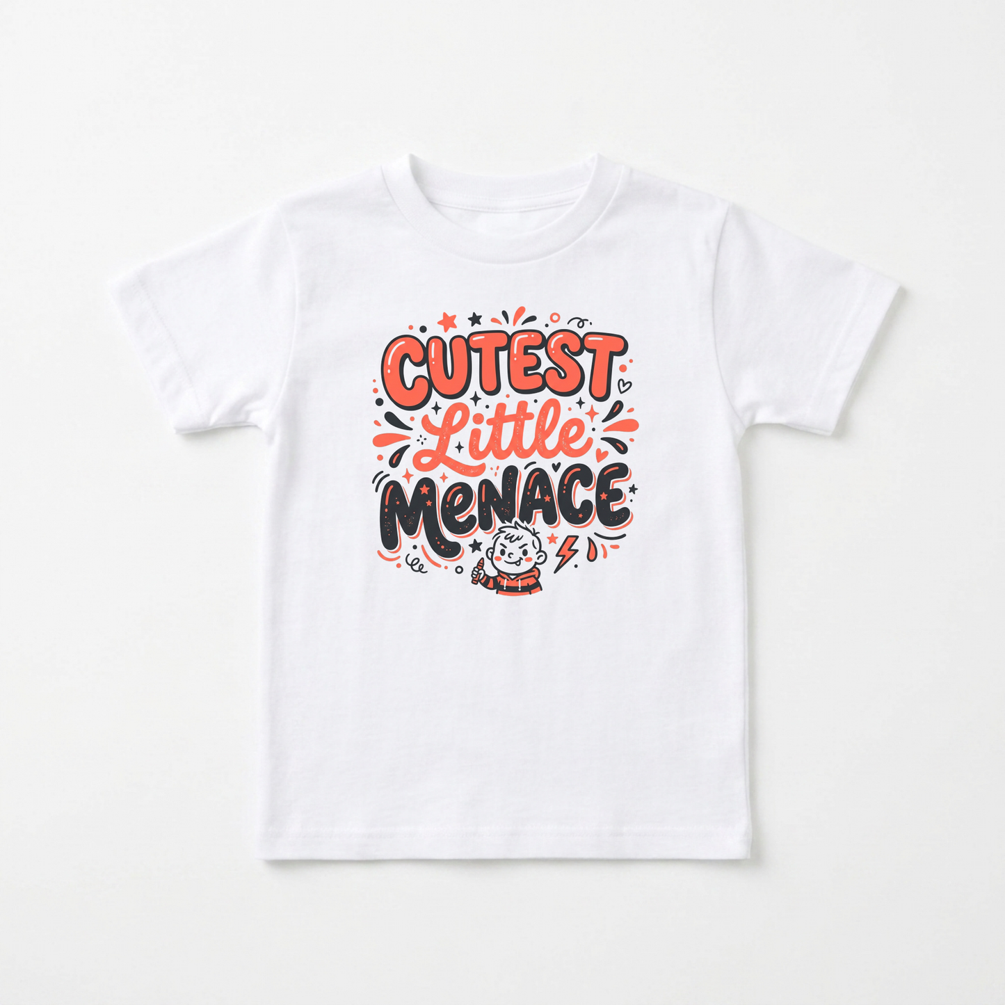 A white short-sleeve kids' t-shirt with a colorful graphic on the chest that reads 'CUTEST LITTLE MENACE' in orange and black lettering with a small cartoon character below, displayed flat against a light off-white background.