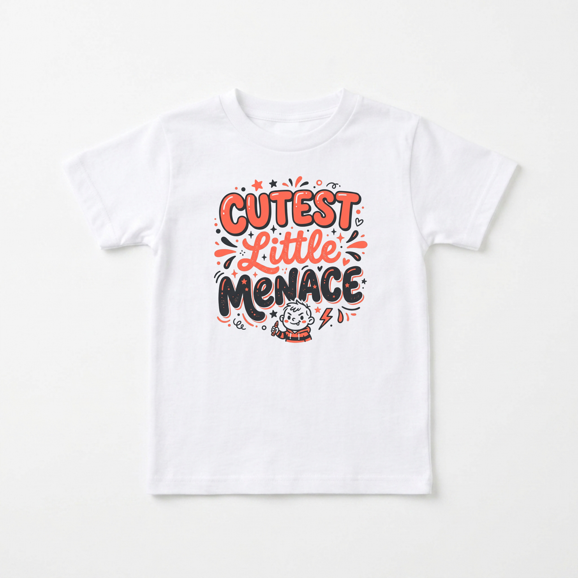 A white short-sleeve kids' t-shirt with a colorful graphic on the chest that reads 'CUTEST LITTLE MENACE' in orange and black lettering with a small cartoon character below, displayed flat against a light off-white background.
