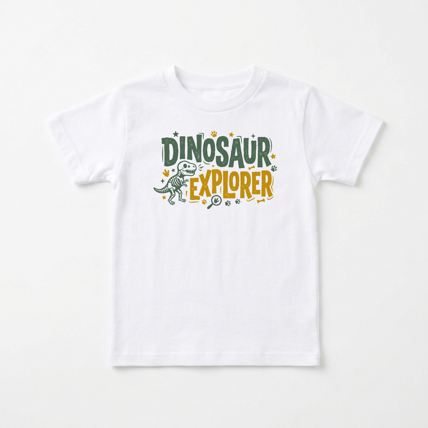 A white short-sleeve kids' t-shirt with a 'Dinosaur Explorer' graphic on the chest, displayed flat against a clean white background.