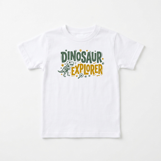 A white short-sleeve kids' t-shirt with a 'Dinosaur Explorer' graphic on the chest, displayed flat against a clean white background.