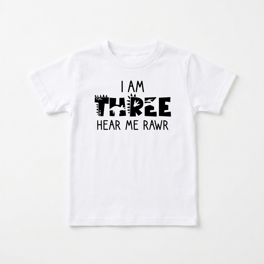 I Am Three Hear Me Rawr Toddler Shirt – Dinosaur 3rd Birthday Tee