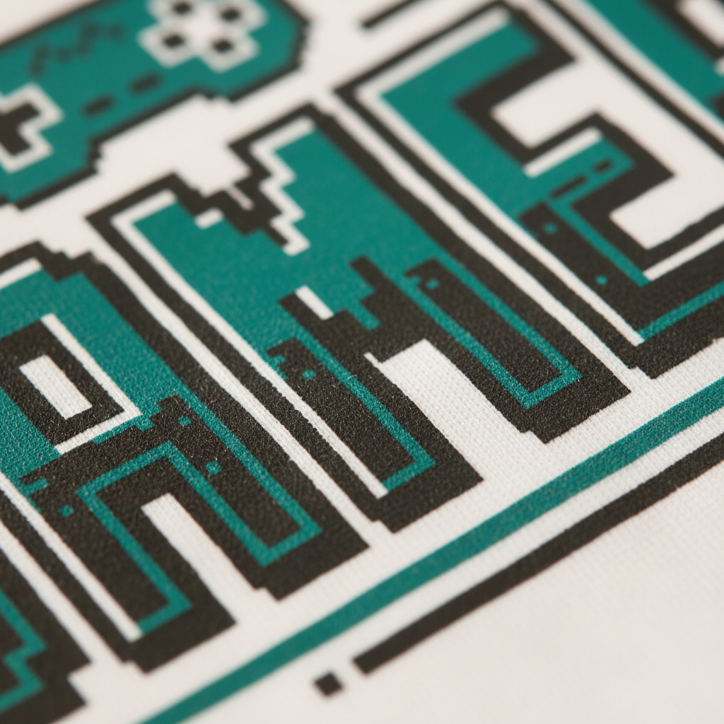 Close-up of a graphic print featuring a retro pixelated design in teal green, black, and white.
