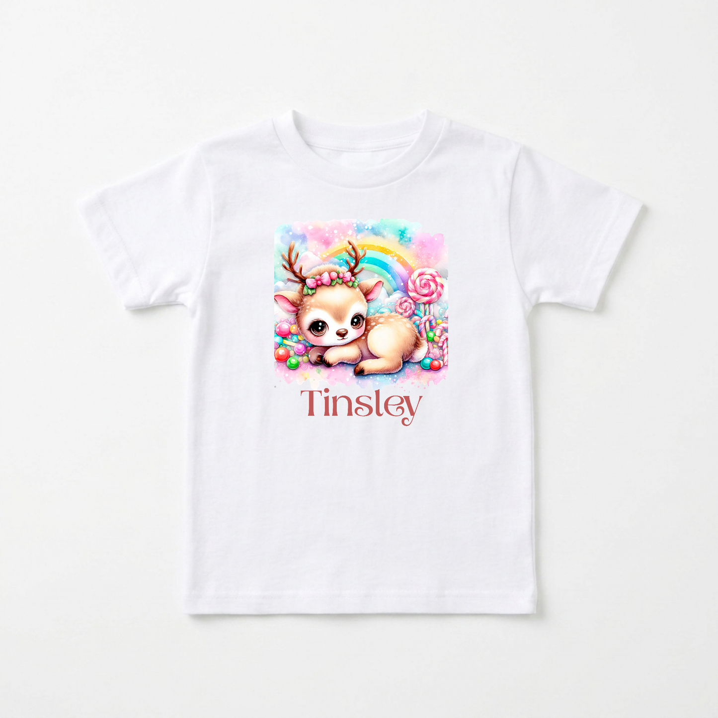 Personalized Candy Deer Toddler T-Shirt – Custom Name Tee