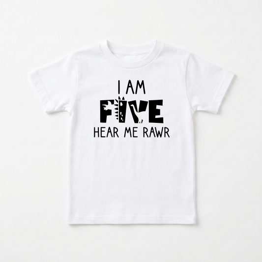 I Am Five Hear Me Rawr Kids Shirt – Dinosaur 5th Birthday Tee