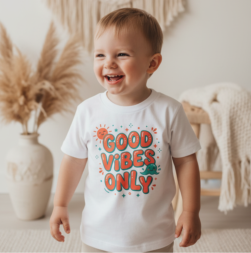 A smiling toddler standing indoors wearing a white graphic T-shirt with colorful text that reads 'GOOD VIBES ONLY' and a macrame wall hanging, vase with dried grass, and a small wooden chair in the background.