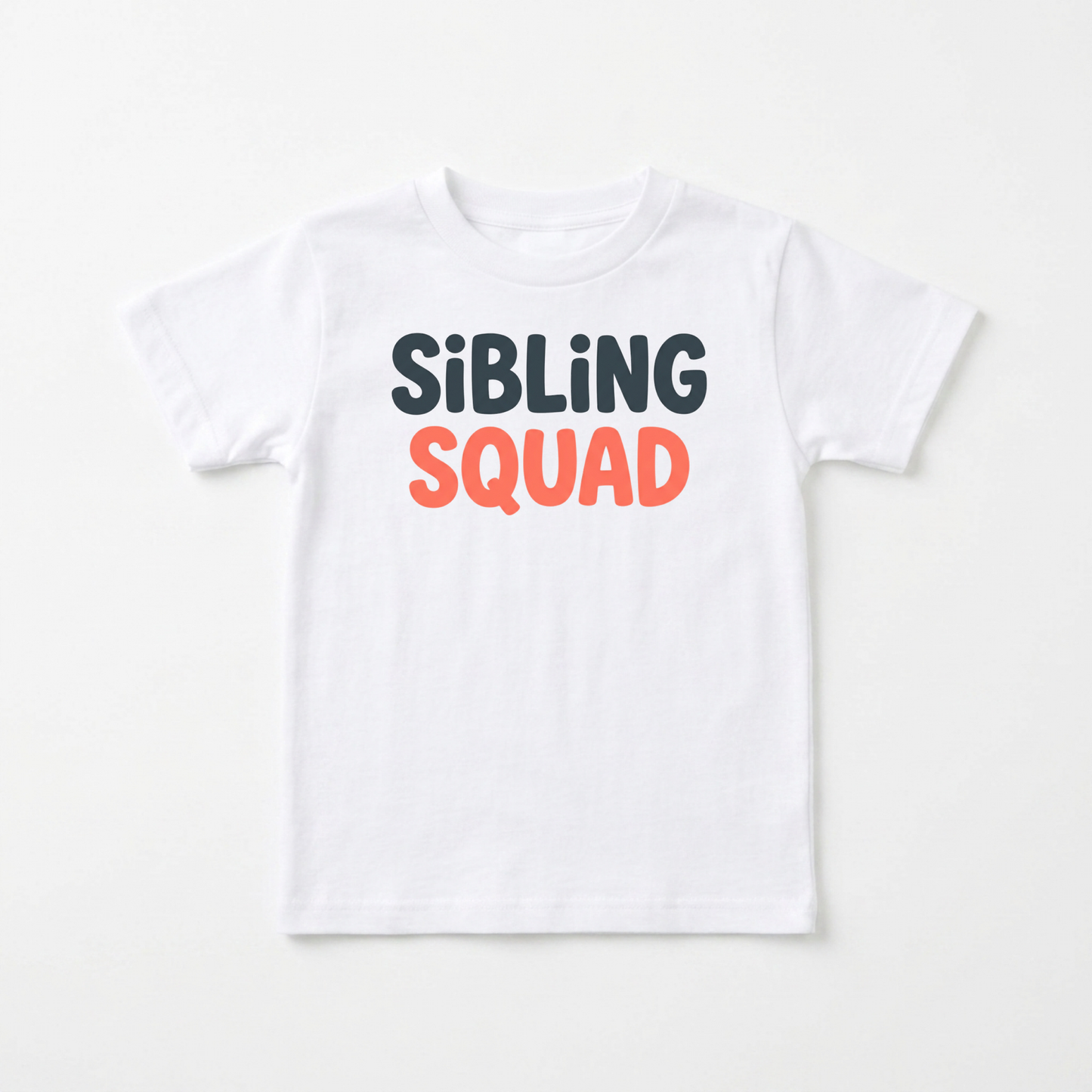 A white short-sleeve kids' t-shirt with 'SIBLING SQUAD' printed on the chest. 'SIBLING' is written in a dark charcoal gray sans-serif font, and 'SQUAD' is written in a coral orange sans-serif font.