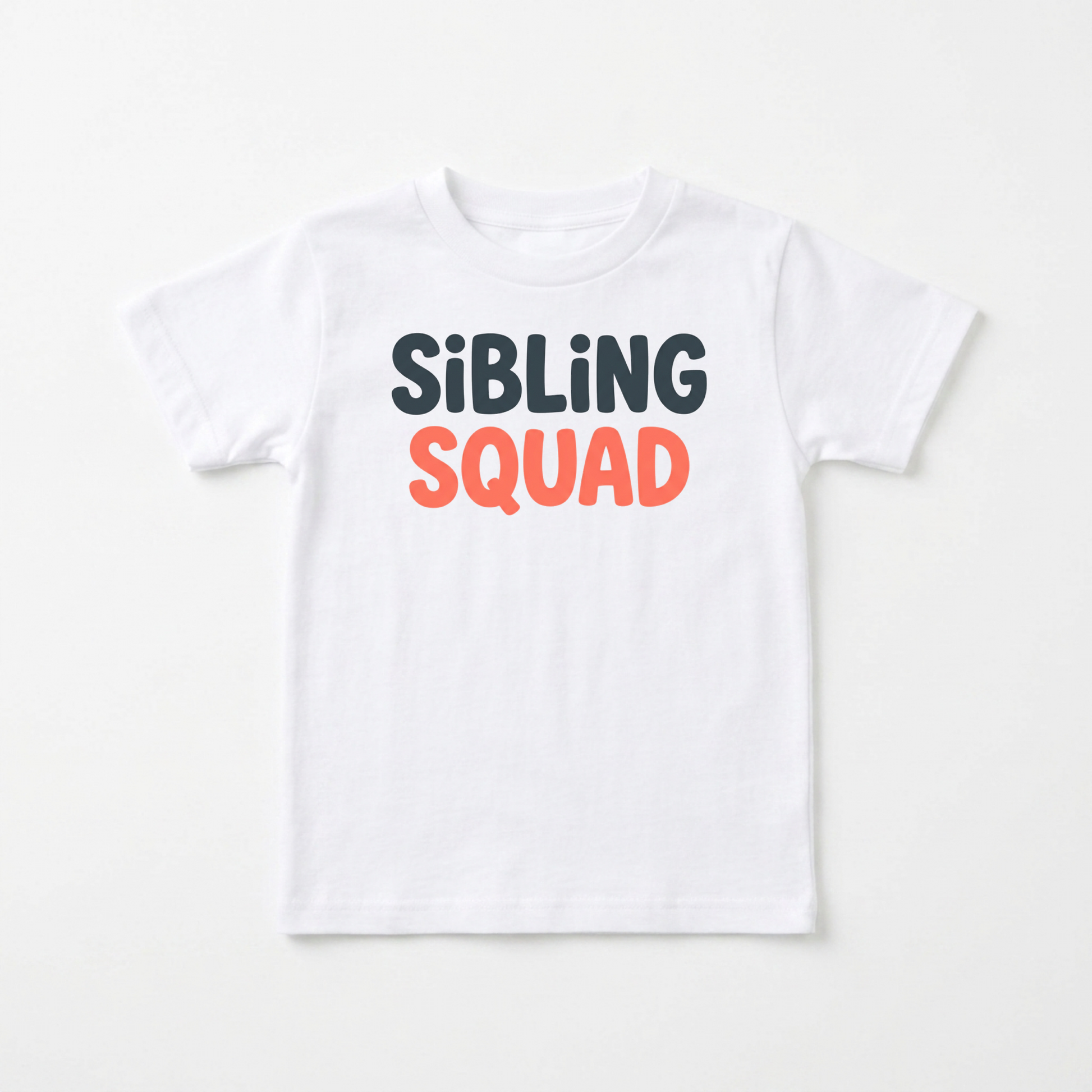 A white short-sleeve kids' t-shirt with 'SIBLING SQUAD' printed on the chest. 'SIBLING' is written in a dark charcoal gray sans-serif font, and 'SQUAD' is written in a coral orange sans-serif font.