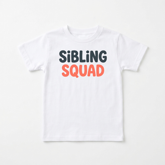 A white short-sleeve kids' t-shirt with 'SIBLING SQUAD' printed on the chest. 'SIBLING' is written in a dark charcoal gray sans-serif font, and 'SQUAD' is written in a coral orange sans-serif font.