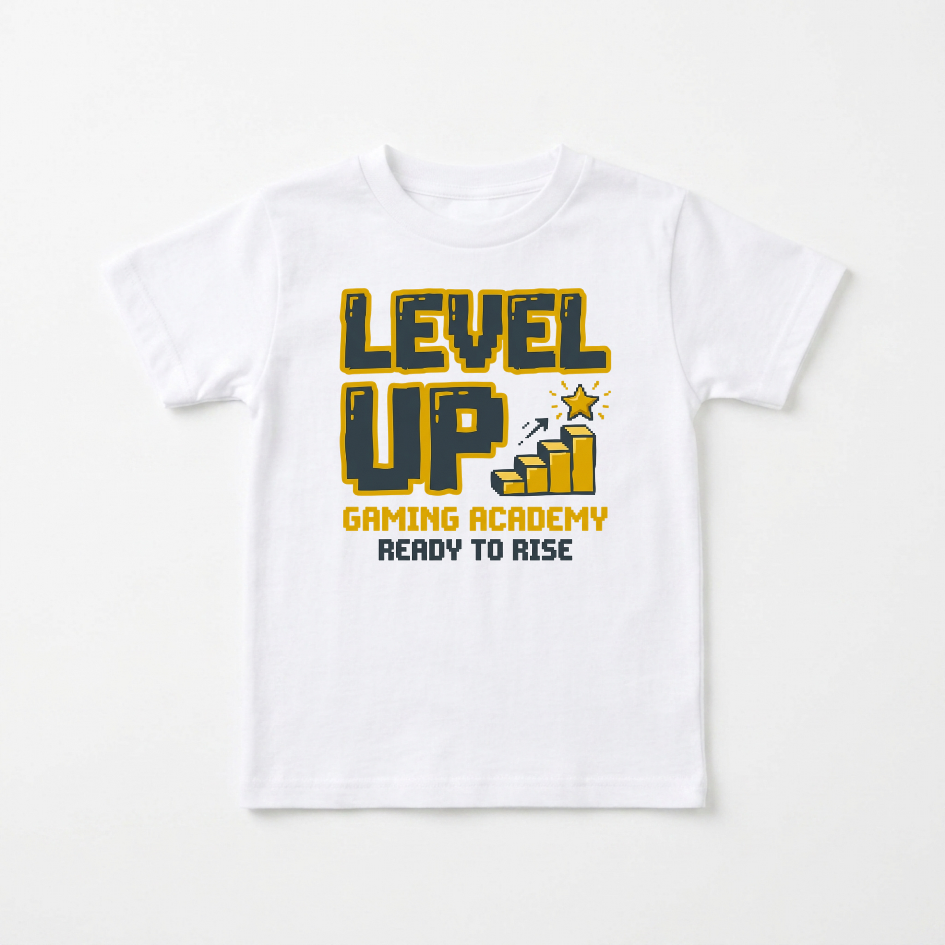 A white short-sleeve kids' t-shirt with a graphic on the front that reads 'LEVEL UP GAMING ACADEMY READY TO RISE' in yellow and dark blue pixel-style lettering, shown against a plain white background.