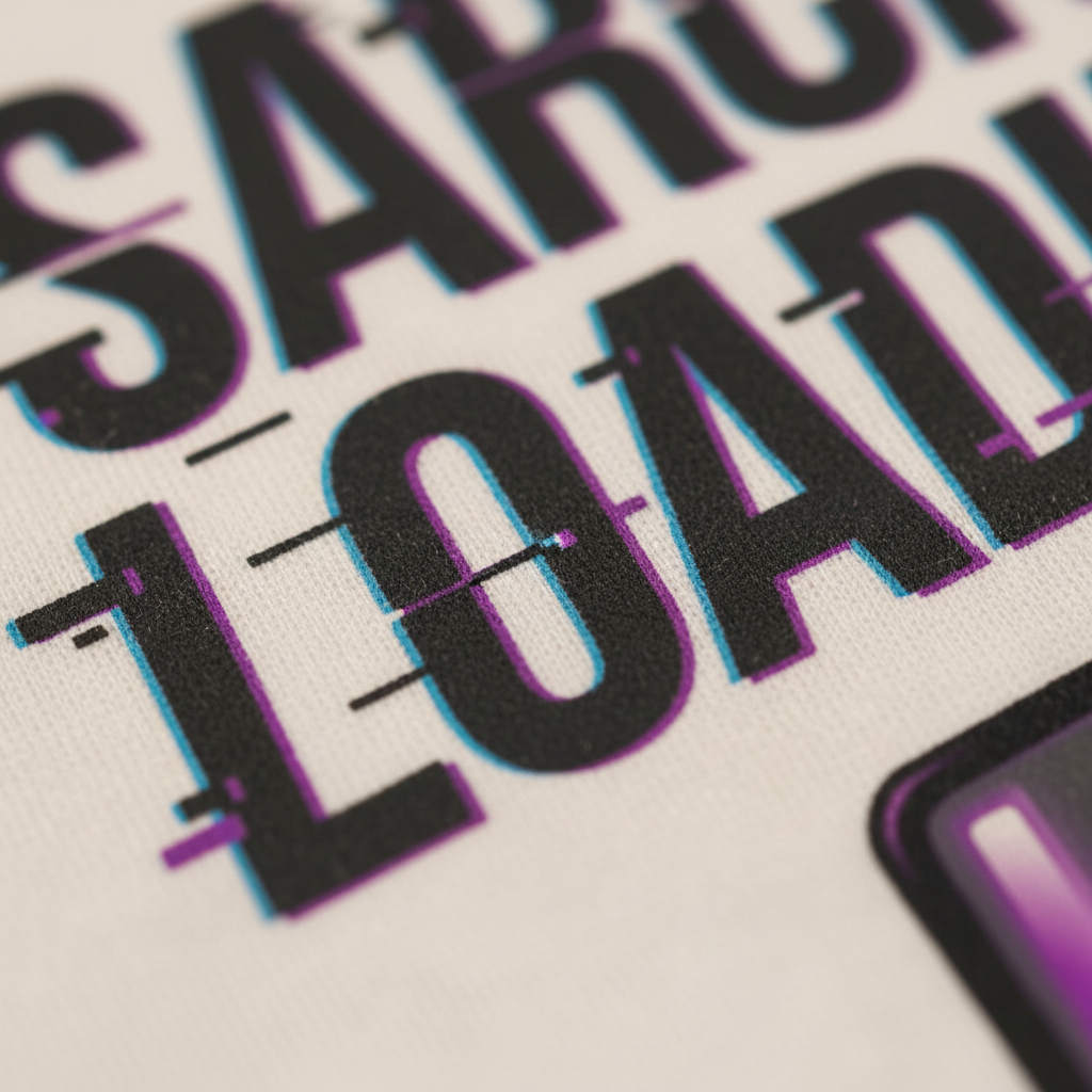 Close-up of a printed graphic with bold black text outlined in cyan and magenta, on a light off-white textured background.