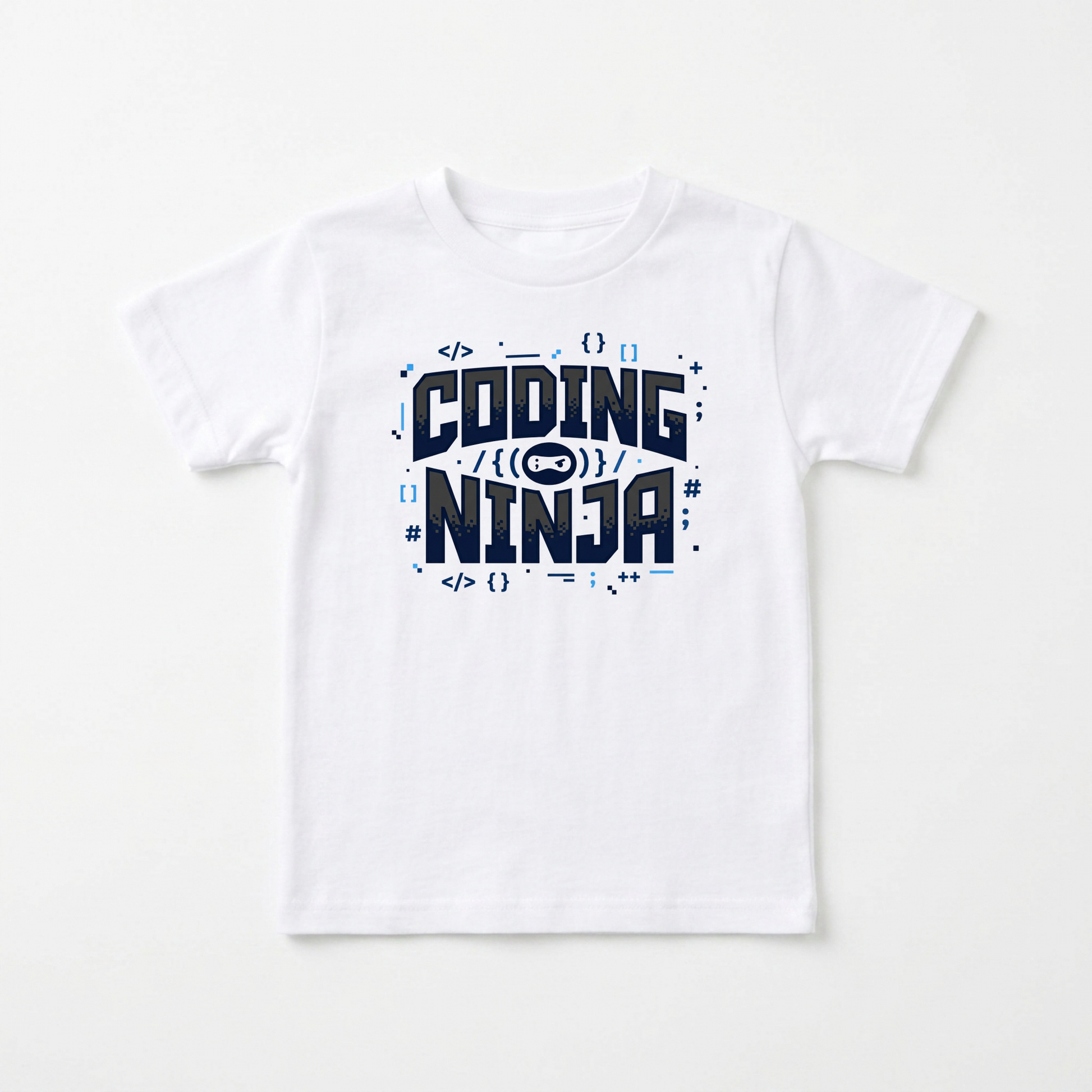 A white short-sleeve kids' t-shirt with a dark blue graphic on the chest that reads 'CODING NINJA' surrounded by programming symbols.