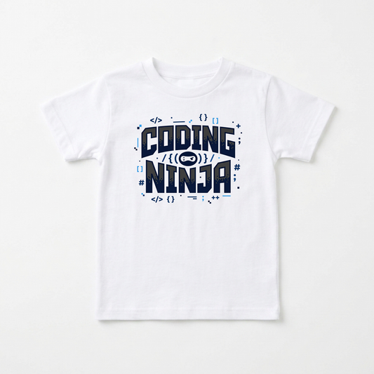A white short-sleeve kids' t-shirt with a dark blue graphic on the chest that reads 'CODING NINJA' surrounded by programming symbols.