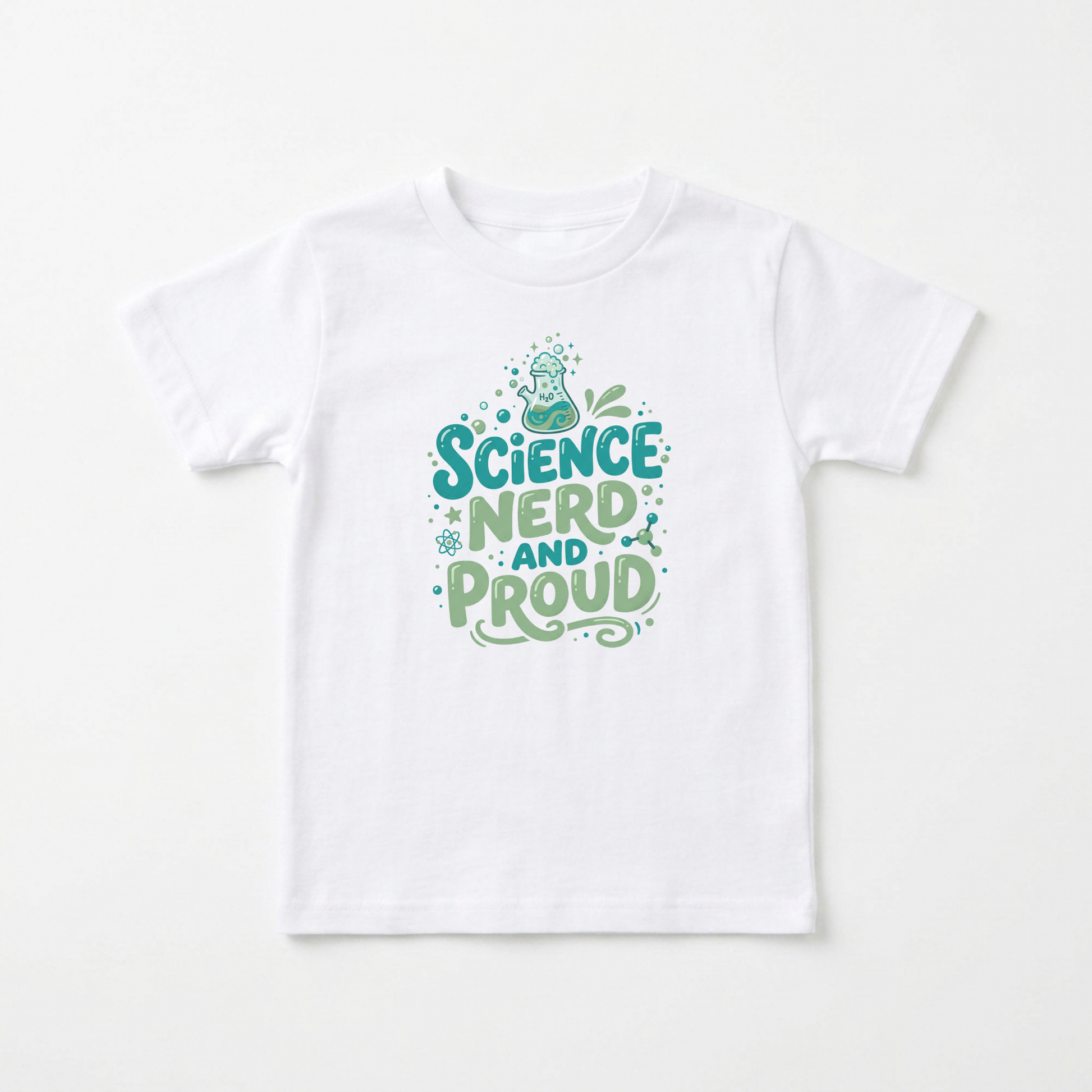A white short-sleeve kids' t-shirt with a colorful graphic on the front that reads 'SCIENCE NERD AND PROUD' in teal and green lettering with a beaker illustration above, shown on a clean white background.