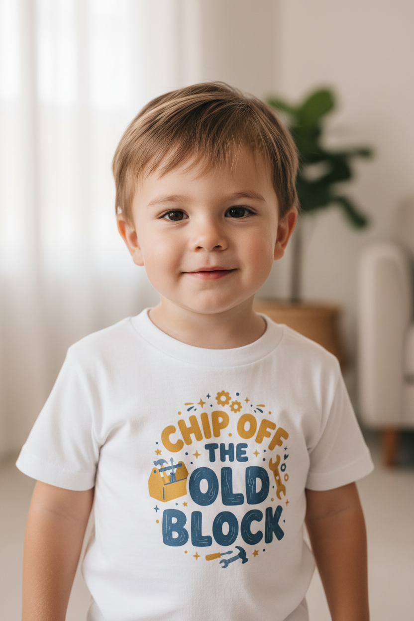 A white short-sleeve crewneck t-shirt with a graphic on the front that reads 'CHIP OFF THE OLD BLOCK' in yellow and blue lettering, surrounded by small yellow and blue construction-themed doodles, shown on a light gray background.