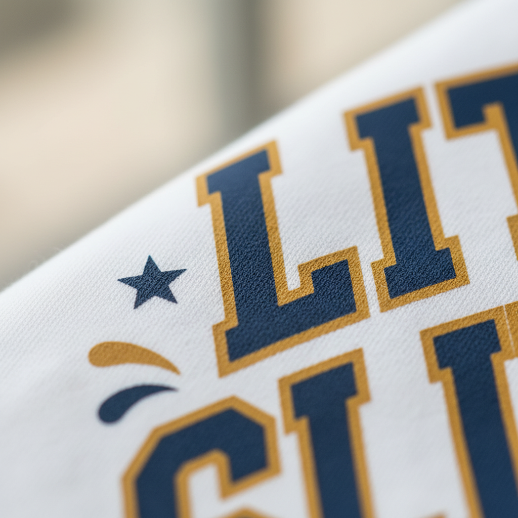 Close-up of a white fabric item with navy blue and gold lettering and a small navy star logo, photographed diagonally against a blurred light background.