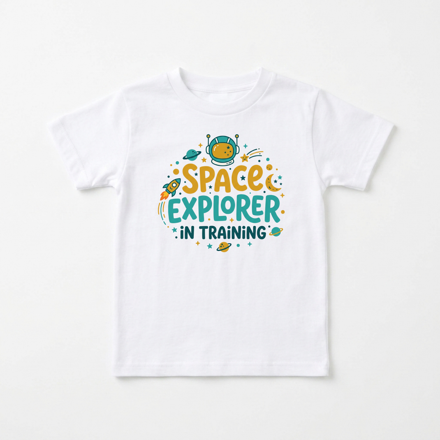 A white short-sleeve kids' t-shirt with a colorful 'SPACE EXPLORER IN TRAINING' graphic on the chest, displayed flat against a light off-white background.