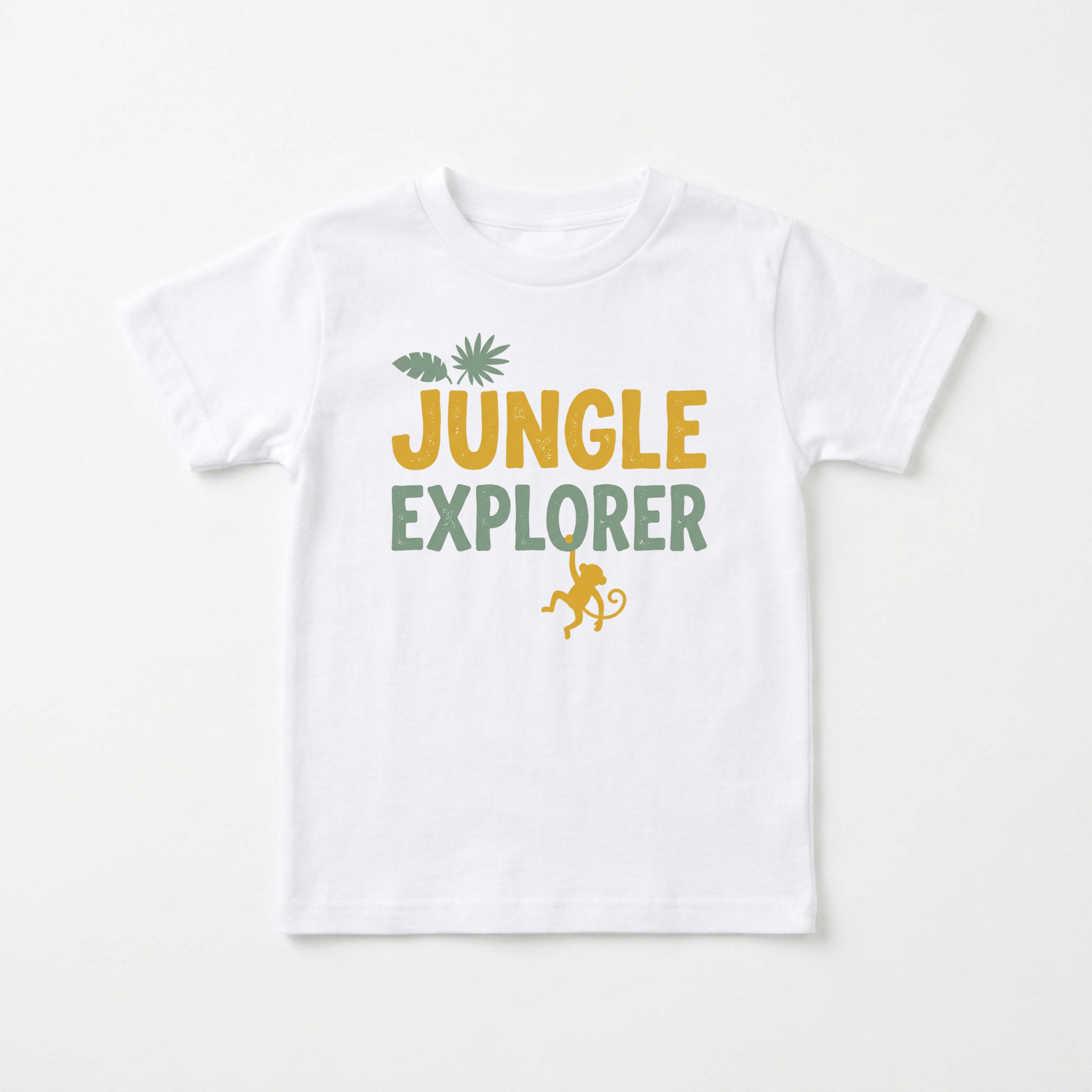 A white short-sleeve kids' t-shirt with a 'JUNGLE EXPLORER' graphic on the chest, featuring a yellow monkey, green leaves, and yellow and green text, displayed flat against a light background.