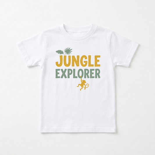A white short-sleeve kids' t-shirt with a 'JUNGLE EXPLORER' graphic on the chest, featuring a yellow monkey, green leaves, and yellow and green text, displayed flat against a light background.