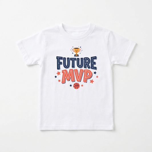 A white short-sleeve kids' t-shirt with a 'FUTURE MVP' graphic on the chest, featuring a trophy, basketball, and stars in navy blue and orange-red.