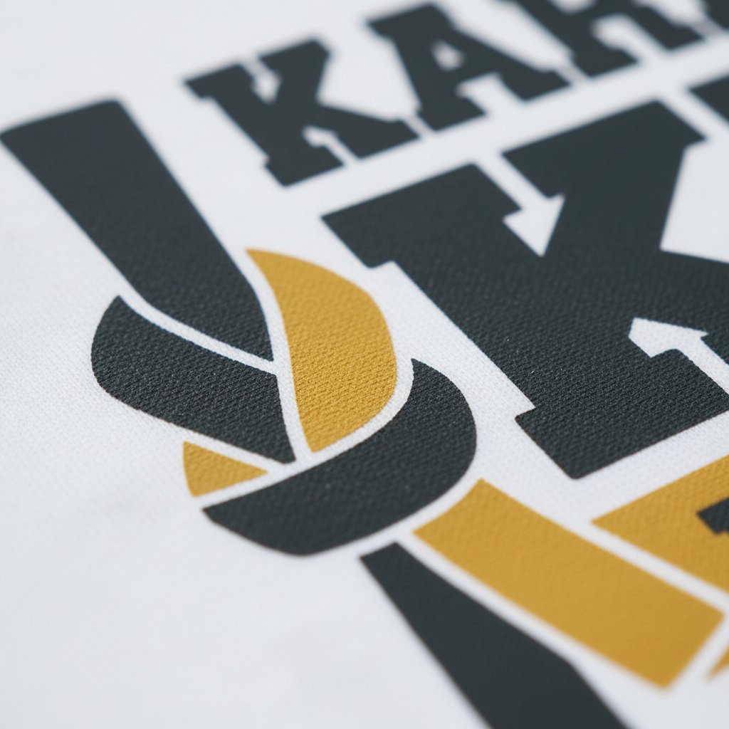 Close-up of a white fabric surface printed with a bold black and gold graphic logo and partial lettering.