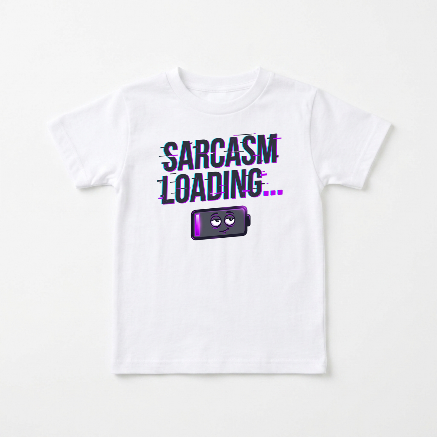 A white short-sleeve crewneck t-shirt for kids, featuring a graphic print that reads 'SARCASM LOADING.