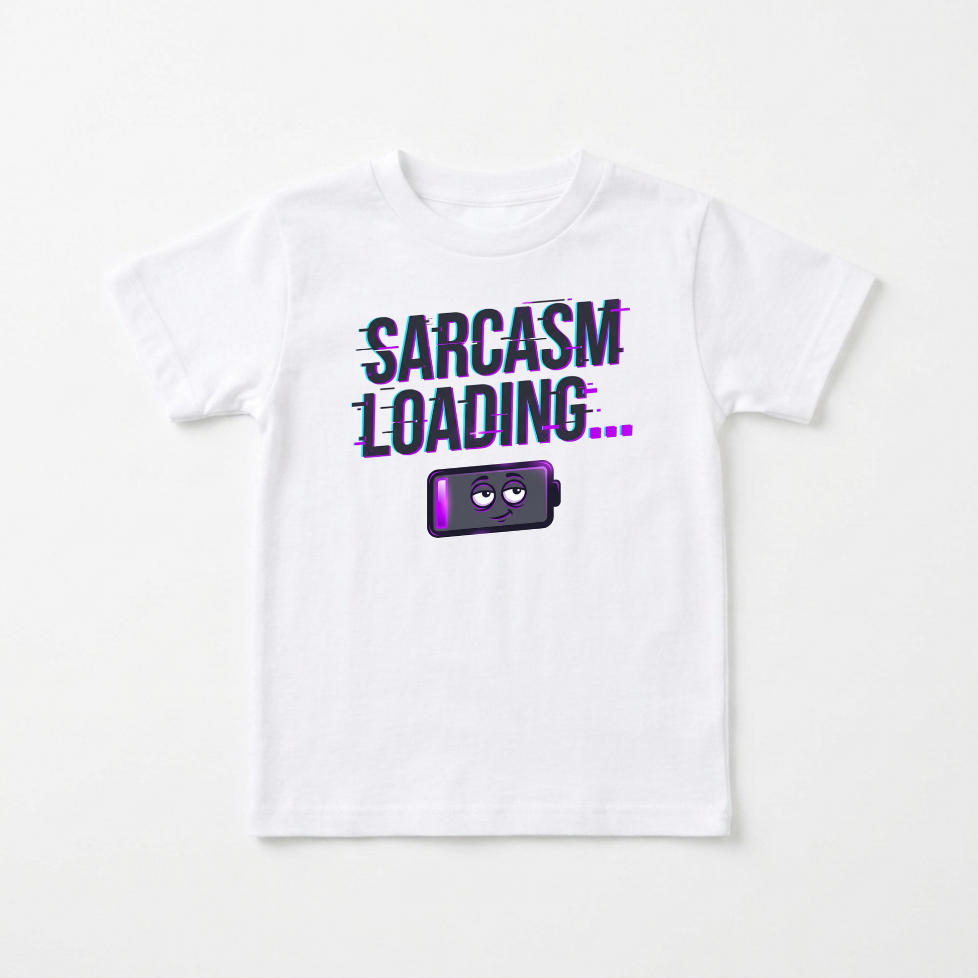 A white short-sleeve crewneck t-shirt for kids, featuring a graphic print that reads 'SARCASM LOADING.