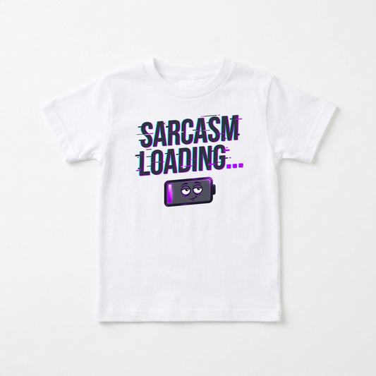 A white short-sleeve crewneck t-shirt for kids, featuring a graphic print that reads 'SARCASM LOADING.