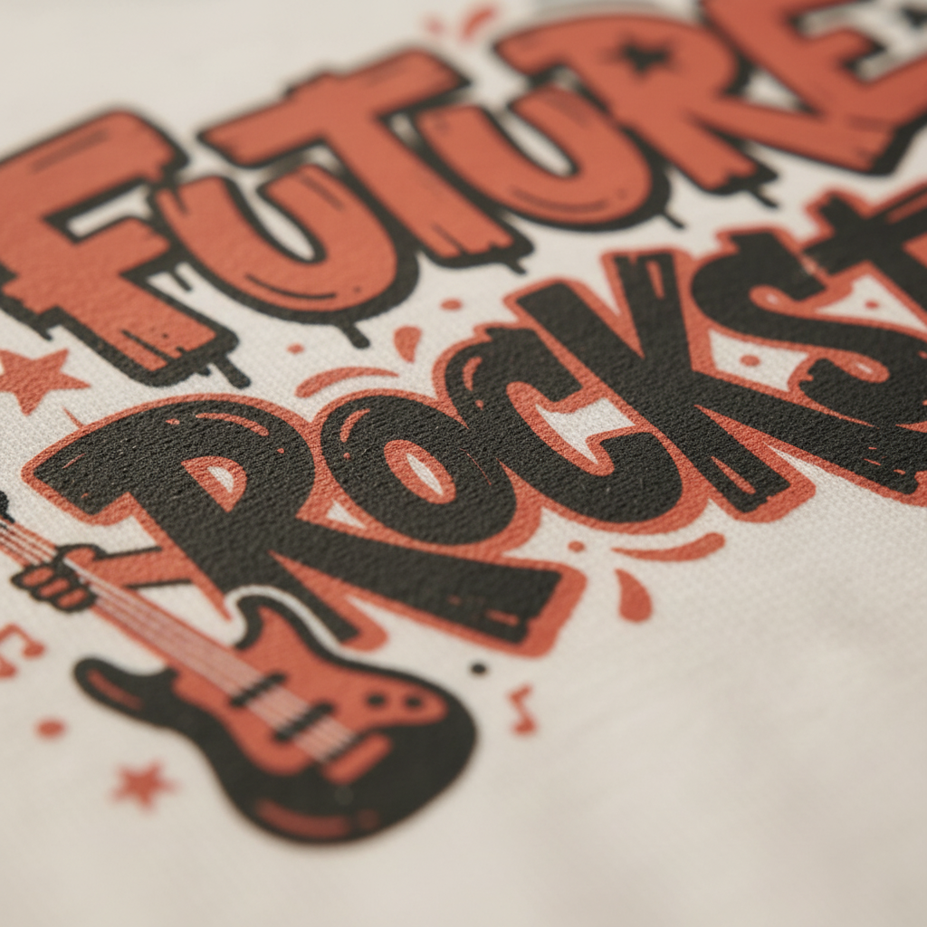 Close-up of a graphic print on a white fabric surface featuring the words 'FUTURE ROCKS' in bold black and orange lettering with a bass guitar illustration.