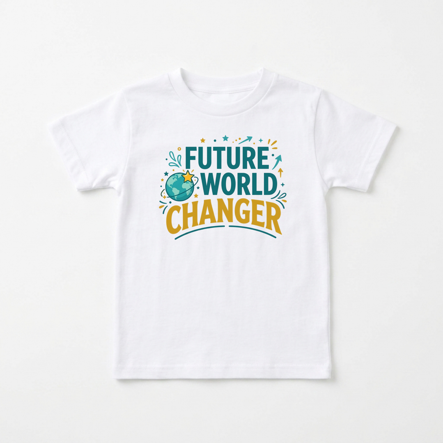 A white short-sleeve kids' t-shirt with a colorful graphic on the chest that reads 'FUTURE WORLD CHANGER' in teal and yellow lettering, accompanied by a small globe illustration, shown against a plain white background.