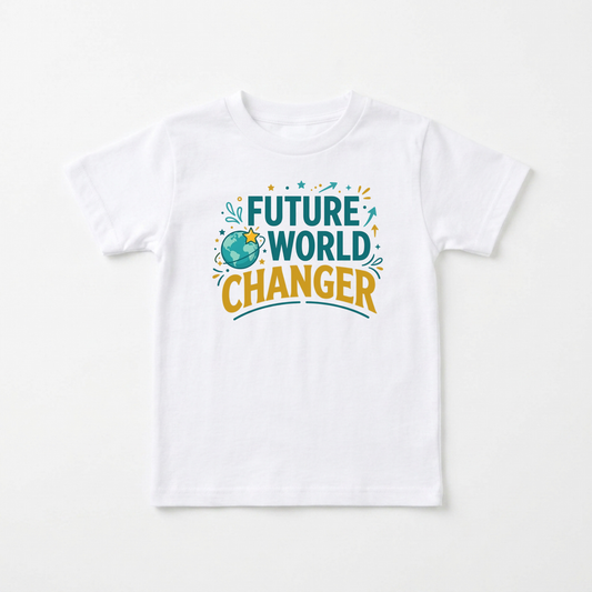 A white short-sleeve kids' t-shirt with a colorful graphic on the chest that reads 'FUTURE WORLD CHANGER' in teal and yellow lettering, accompanied by a small globe illustration, shown against a plain white background.