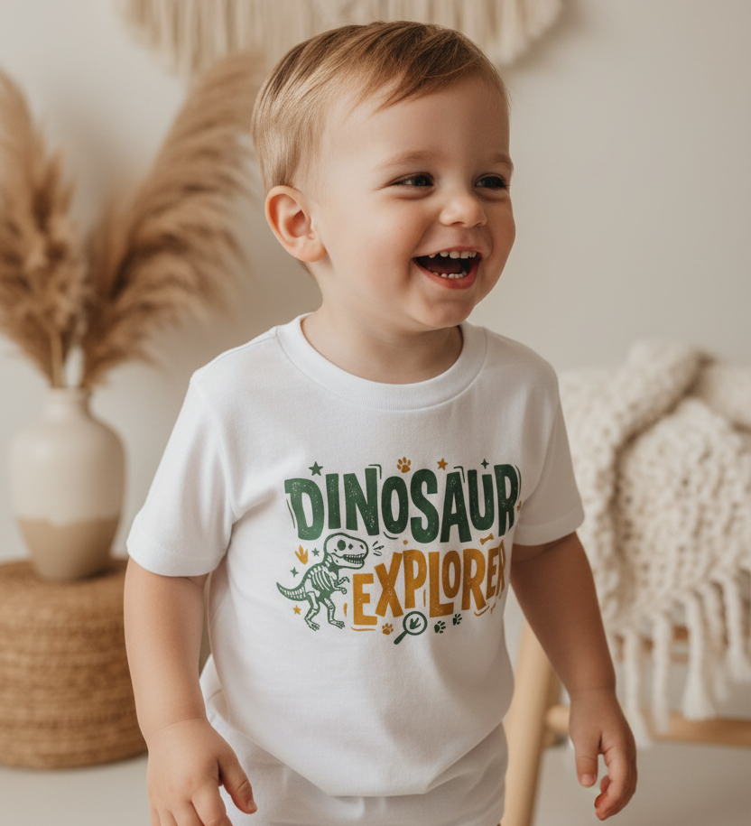 A toddler wearing a white graphic t-shirt with 'DINOSAUR EXPLORER' printed in green and orange, standing in a cozy, warm-toned room with boho decor.