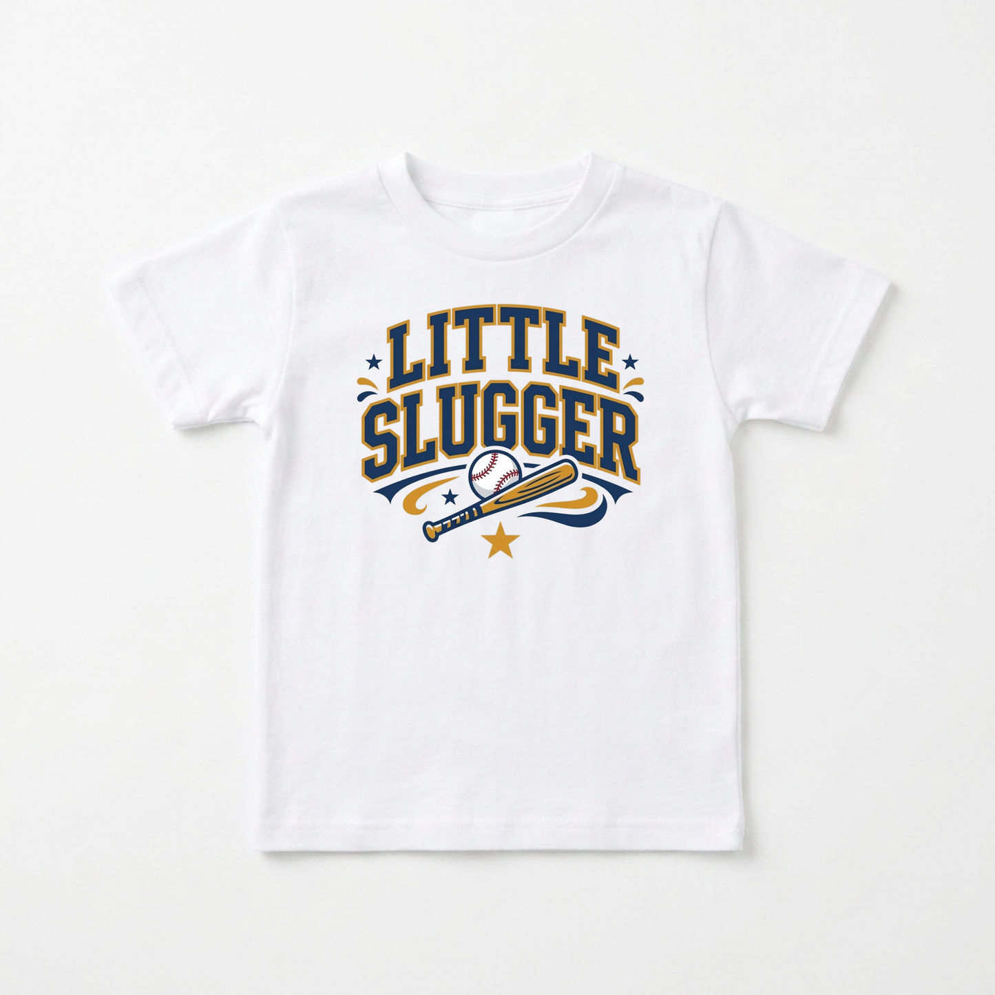 A white short-sleeve kids' t-shirt with a 'Little Slugger' baseball graphic printed on the chest, displayed flat against a clean white background.