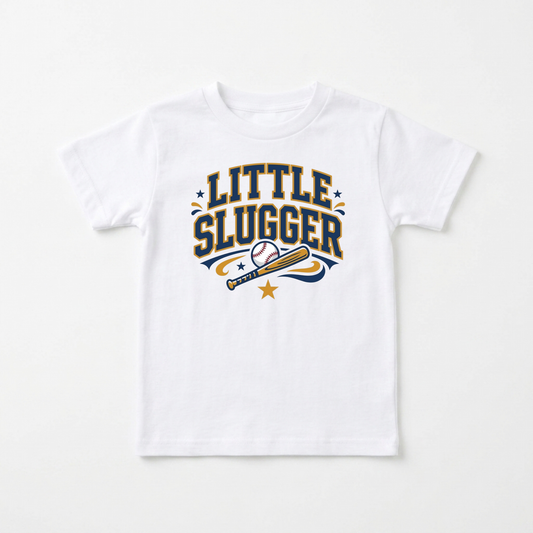 A white short-sleeve kids' t-shirt with a 'Little Slugger' baseball graphic printed on the chest, displayed flat against a clean white background.