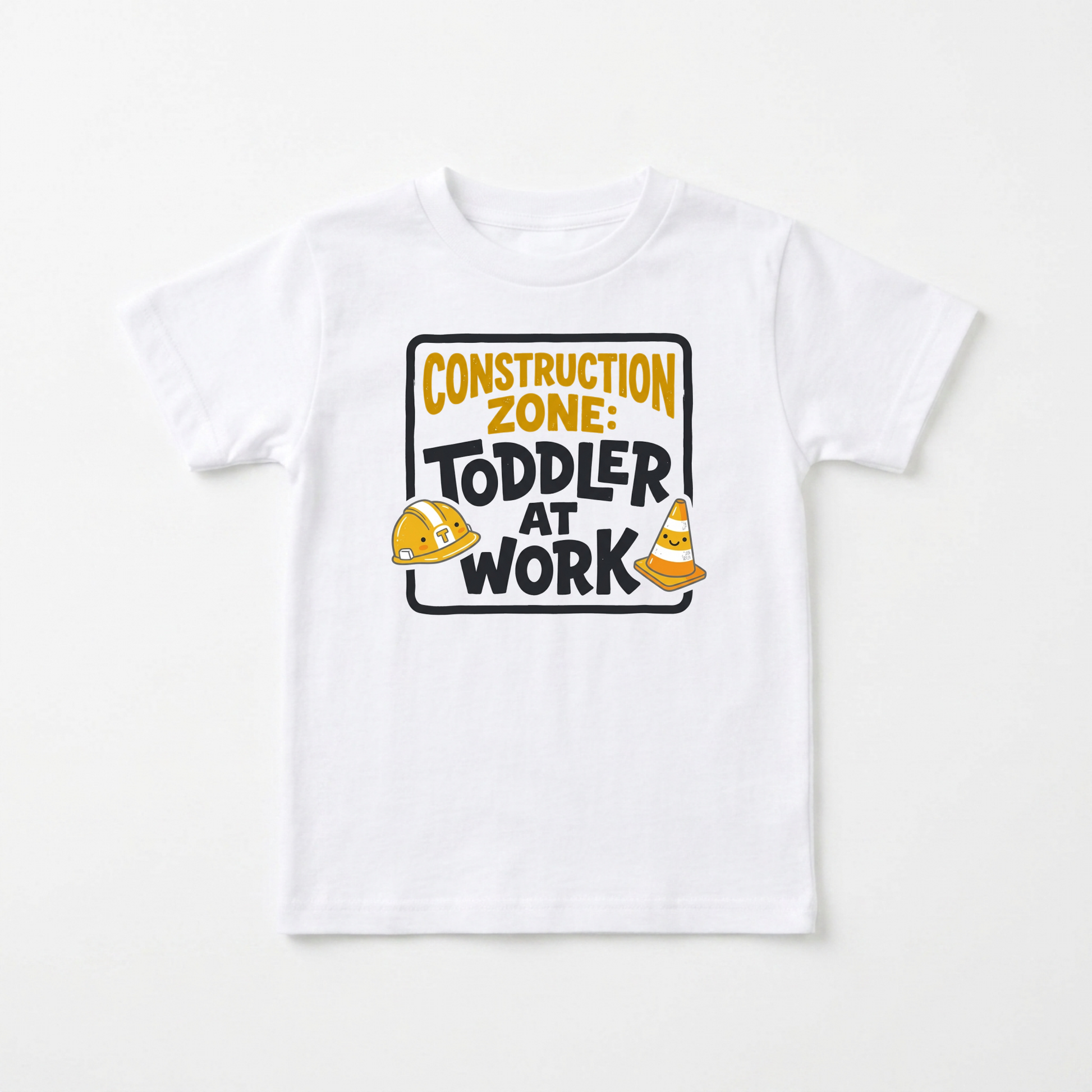 A white short-sleeve kids' t-shirt with a 'Construction Zone: Toddler at Work' graphic on the chest, featuring a yellow hard hat, orange traffic cone, and black text, displayed flat against a light background.