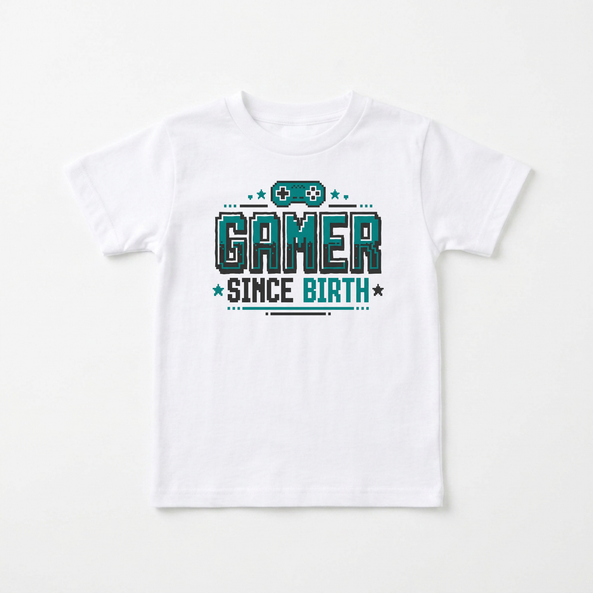 A white short-sleeve kids' t-shirt with a graphic print on the front that reads 'GAMER SINCE BIRTH' in teal and black pixelated text, accompanied by a small video game controller icon above, shown on a clean white background.