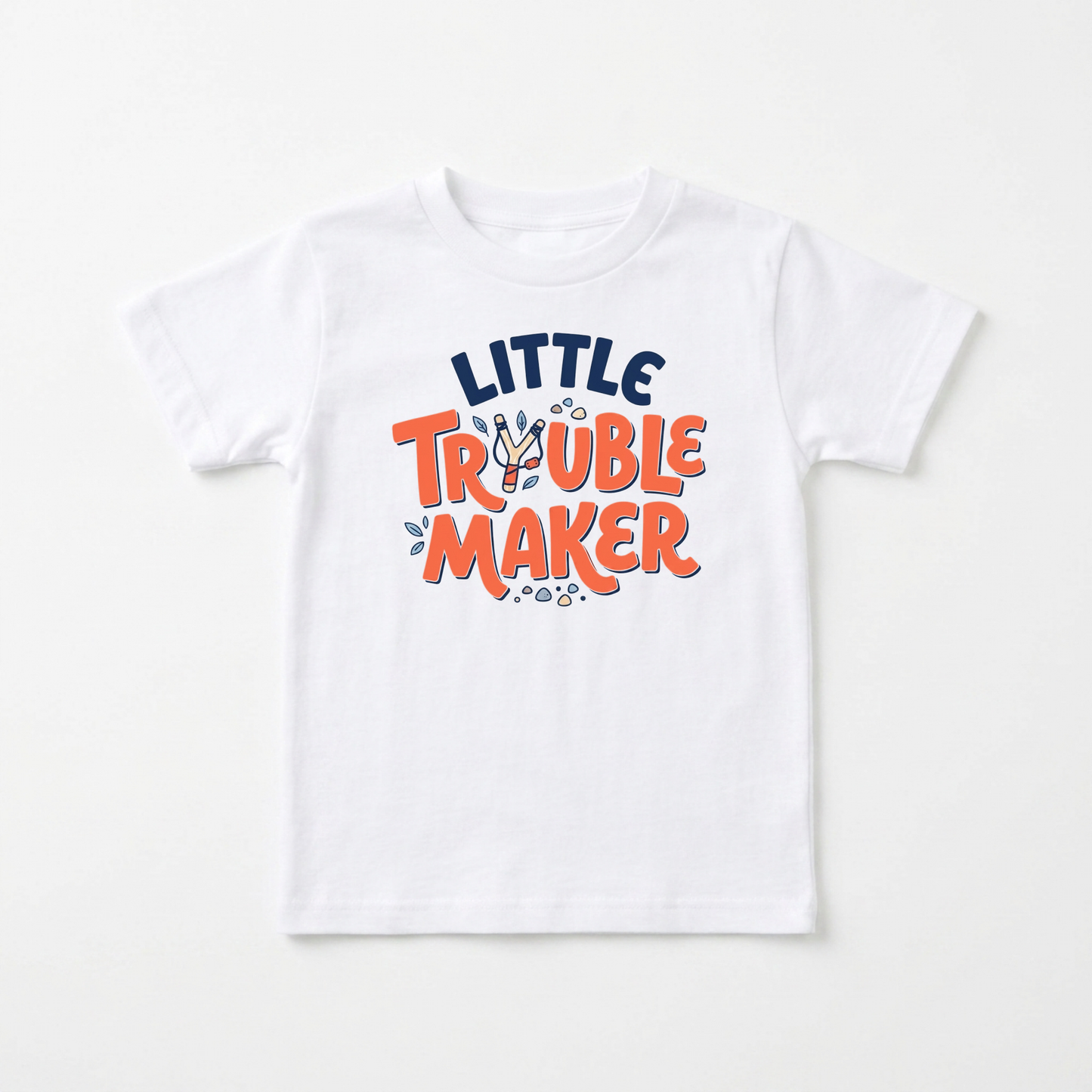 A white short-sleeve kids' t-shirt with a colorful graphic on the chest that reads 'LITTLE TROUBLE MAKER' in navy blue and orange lettering, displayed flat against a light off-white background.