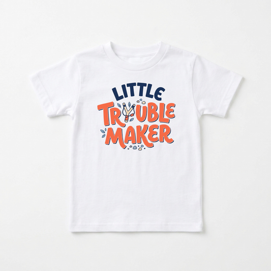 A white short-sleeve kids' t-shirt with a colorful graphic on the chest that reads 'LITTLE TROUBLE MAKER' in navy blue and orange lettering, displayed flat against a light off-white background.