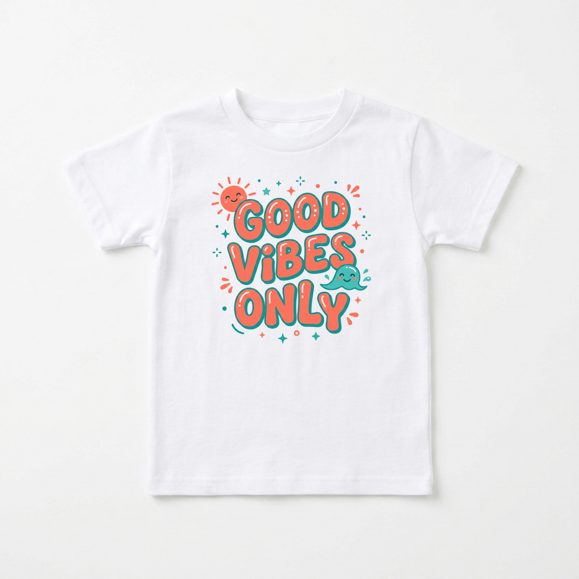 A white short-sleeve kids' t-shirt with a colorful graphic on the chest that reads 'GOOD VIBES ONLY' in orange and teal lettering with cute cartoon sun, stars, and sea creatures.
