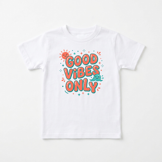 A white short-sleeve kids' t-shirt with a colorful graphic on the chest that reads 'GOOD VIBES ONLY' in orange and teal lettering with cute cartoon sun, stars, and sea creatures.