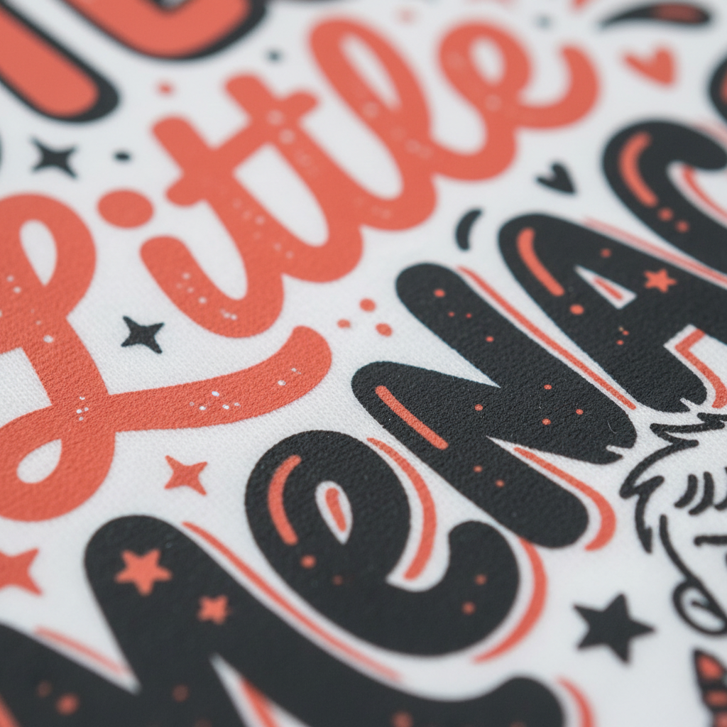 A close-up of a printed design with stylized lettering reading 'Little Mama' in coral orange and black on a white background, with small star and heart accents.