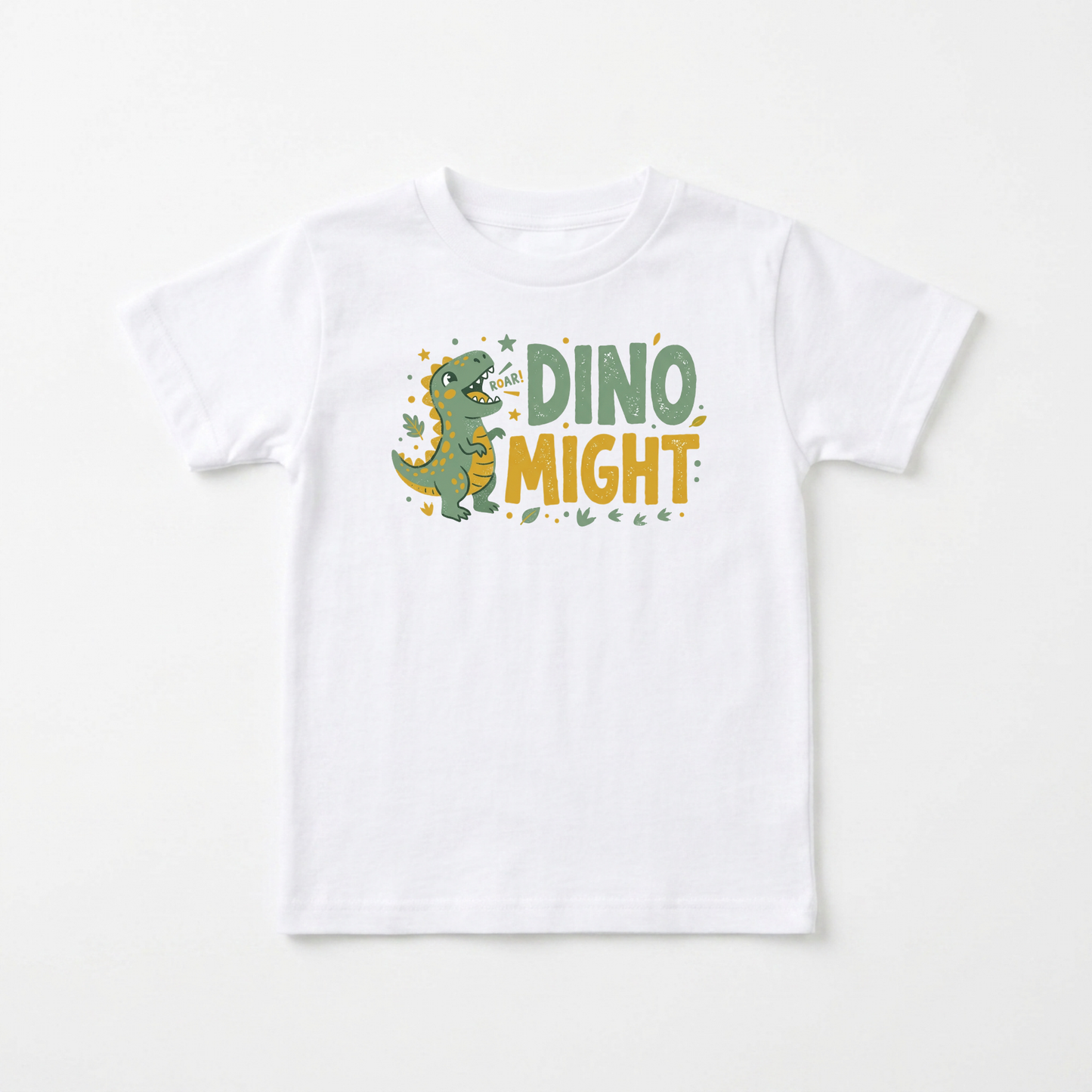 A white short-sleeve kids' t-shirt with a 'DINO MIGHT' graphic on the chest, featuring a green cartoon T-Rex and yellow and green lettering, displayed on a clean white background.