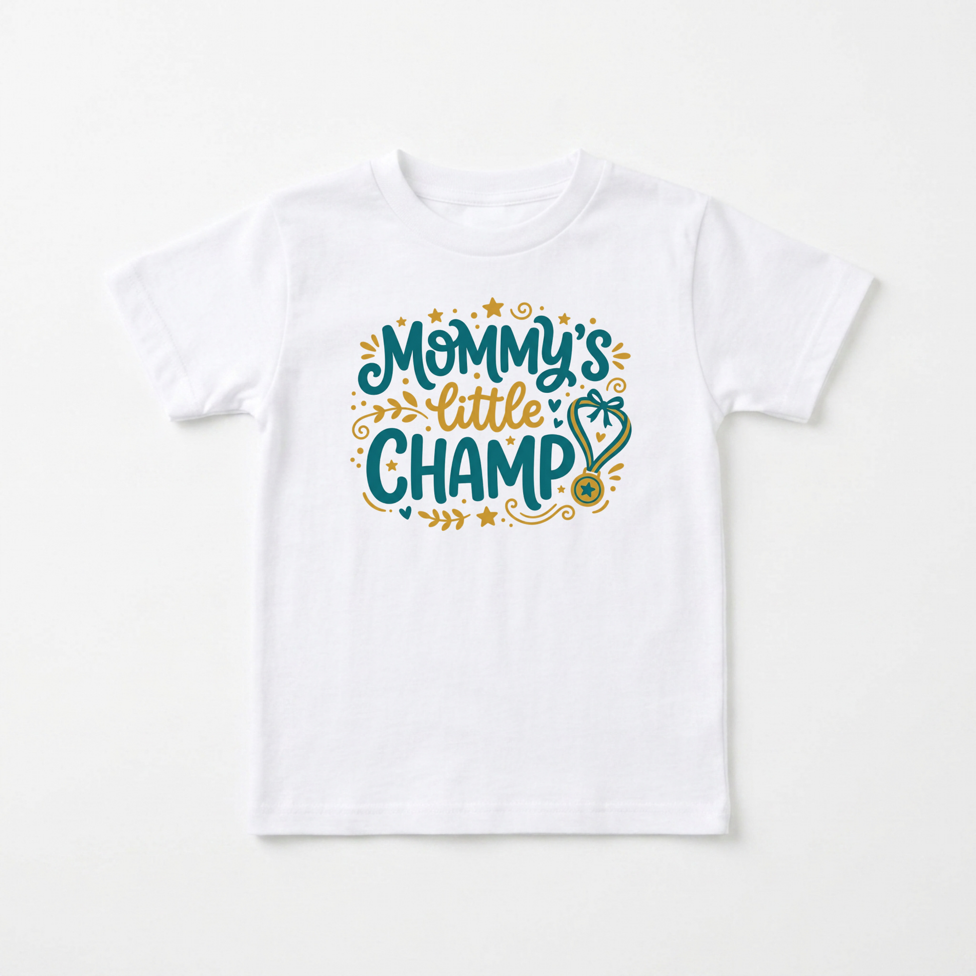 A white short-sleeve kids' t-shirt with a colorful graphic on the chest that reads 'Mommy's little CHAMP' in teal and gold lettering with decorative stars and swirls, displayed flat against a light off-white background.