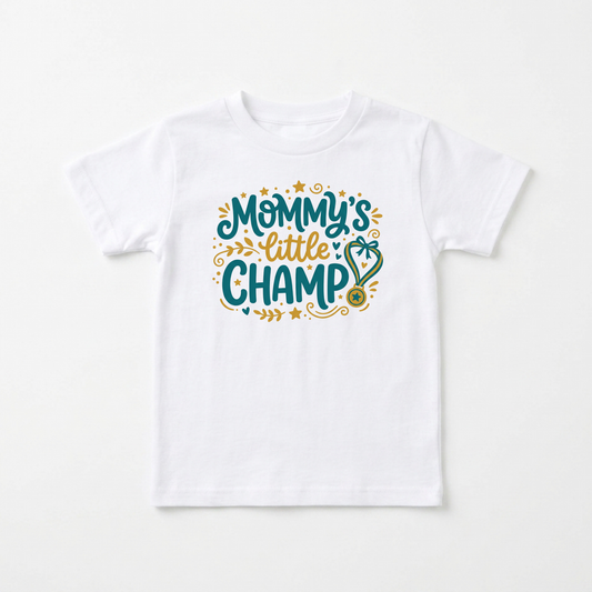 A white short-sleeve kids' t-shirt with a colorful graphic on the chest that reads 'Mommy's little CHAMP' in teal and gold lettering with decorative stars and swirls, displayed flat against a light off-white background.