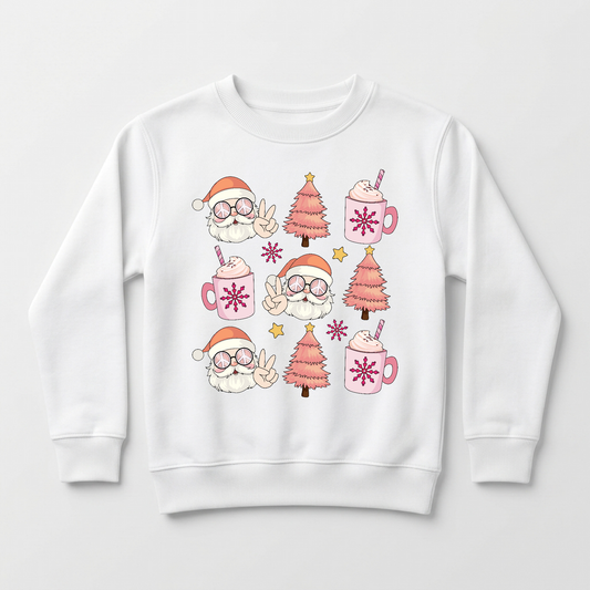 Add a playful pop of retro holiday spirit to your winter wardrobe with the Toodleroos Retro Santa Pink Christmas Sweatshirt – Peace Sign Holiday Sweatshirt, featuring fun pink and white cartoon Santa faces—including a peace-sign Santa—mugs of hot chocolate with whipped cream, pink Christmas trees, stars, and snowflakes arranged in an eye-catching grid pattern.