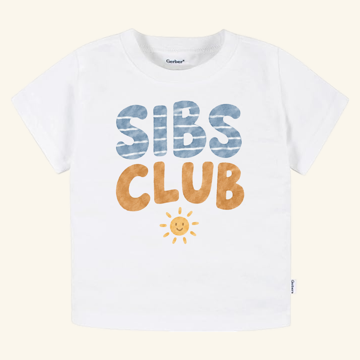 White short-sleeve Sibs Club Toddler Shirt featuring blue and orange text above a small smiling yellow sun icon.
